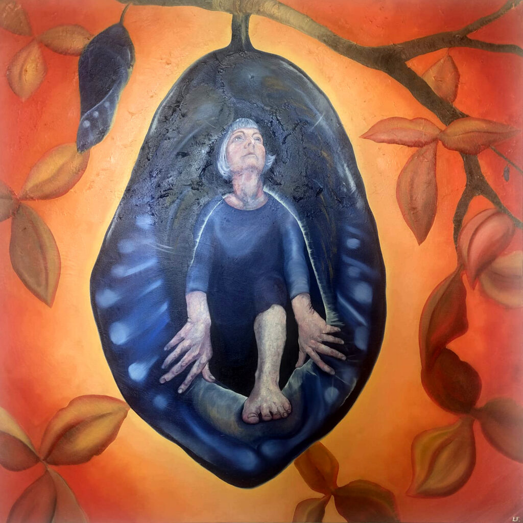 oil painting of woman emerging from pupa