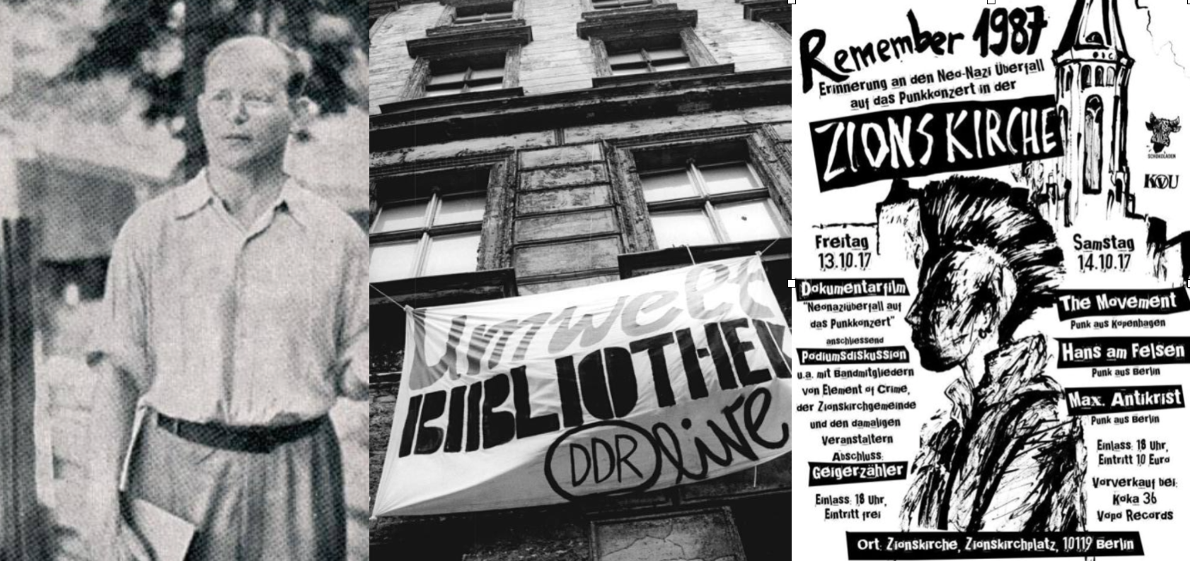 A collage of Dietrich Bonhoeffer, a banner of the Umwelt Bibliothek and a poster for a punk concert.