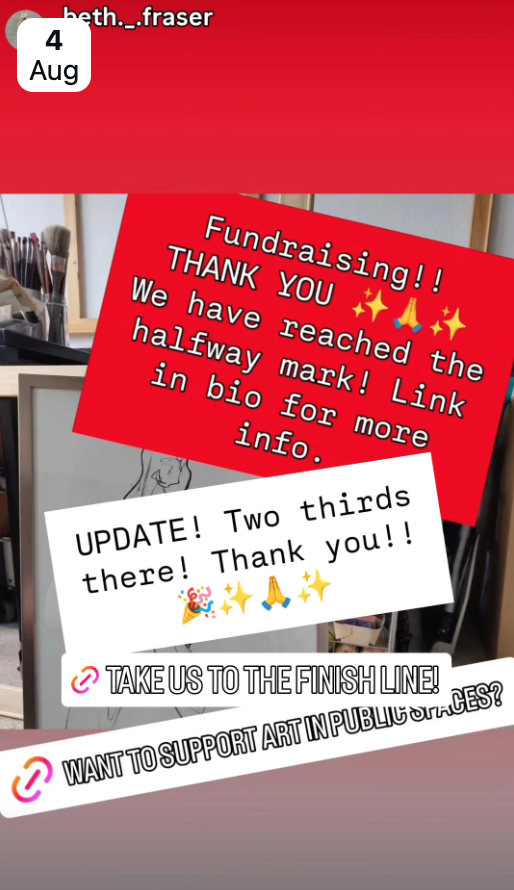 Screen shot from a fundraising campaign on Instagram thanking people for helping me get Two thirds towards my goal to raise money for two large paintings for a church