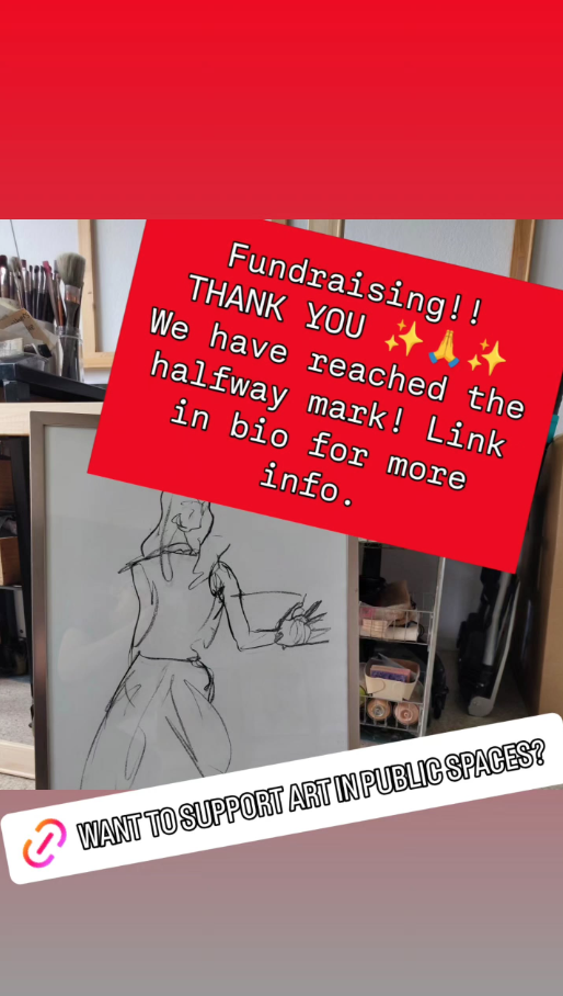 Screen shot from a fundraising campaign on Instagram thanking people for helping me get halfway towards my goal to raise money for two large paintings for a church